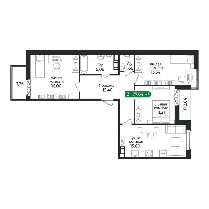 4 ккв (Евро) 77,6 м²