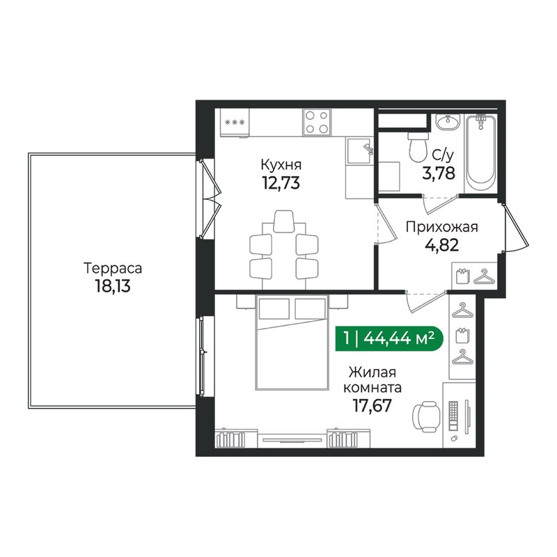 1 ккв 44,4 м²