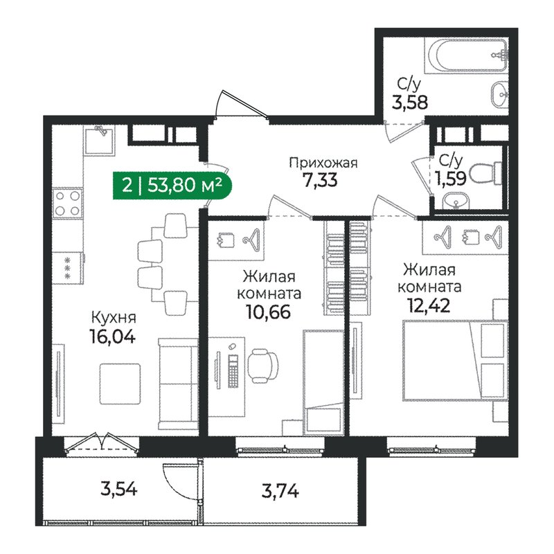 3 ккв (Евро) 53,8 м²
