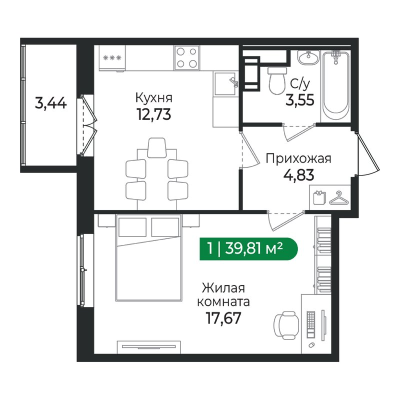 1 ккв 39,8 м²