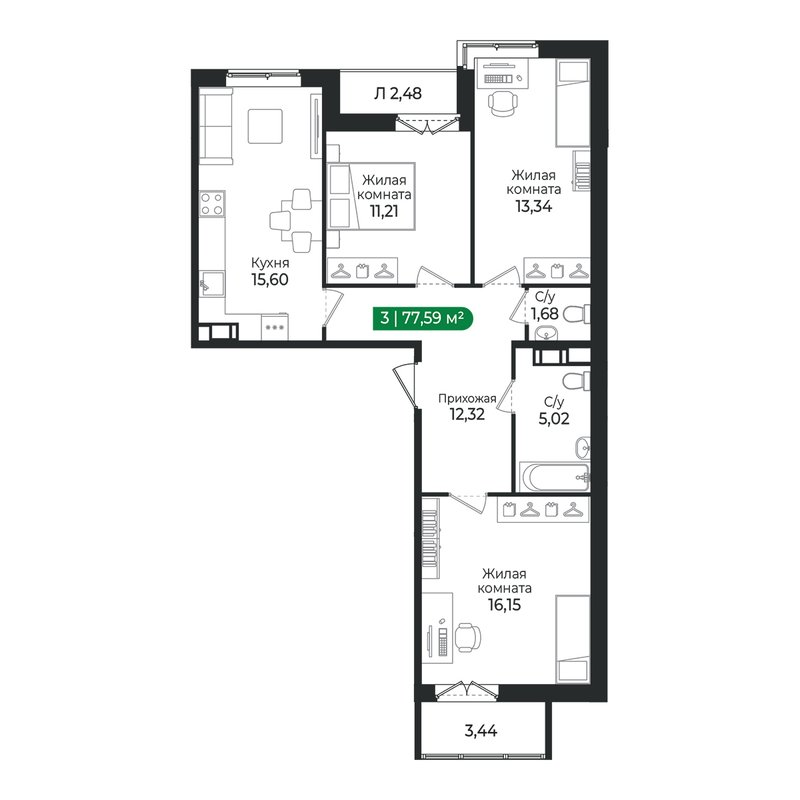 4 ккв (Евро) 77,6 м²