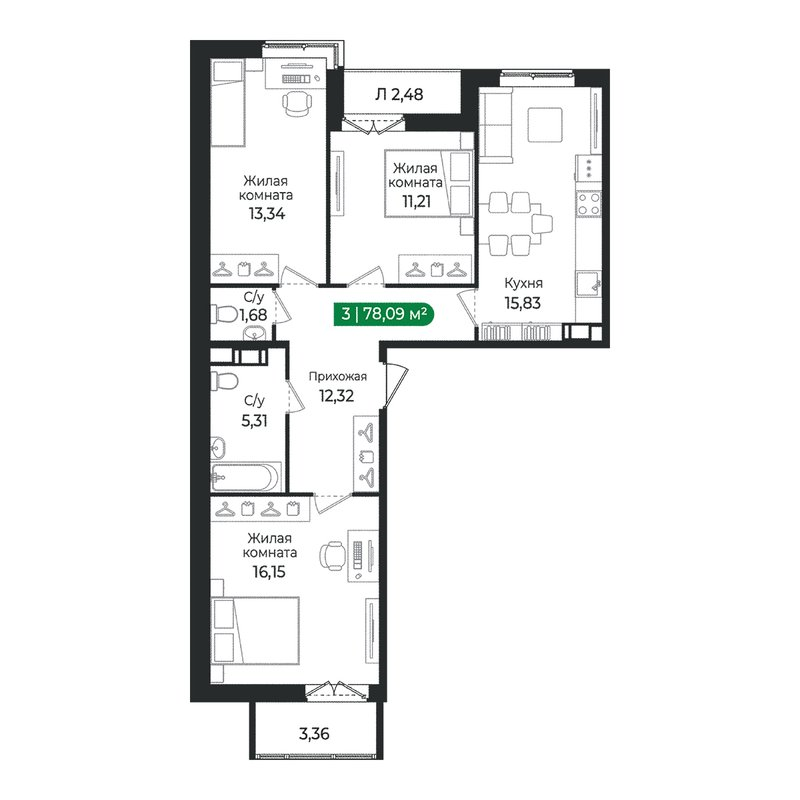 4 ккв (Евро) 78,1 м²