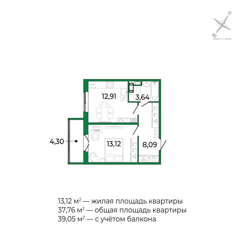 1 ккв 37,4 м²