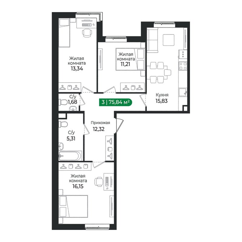 4 ккв (Евро) 75,8 м²