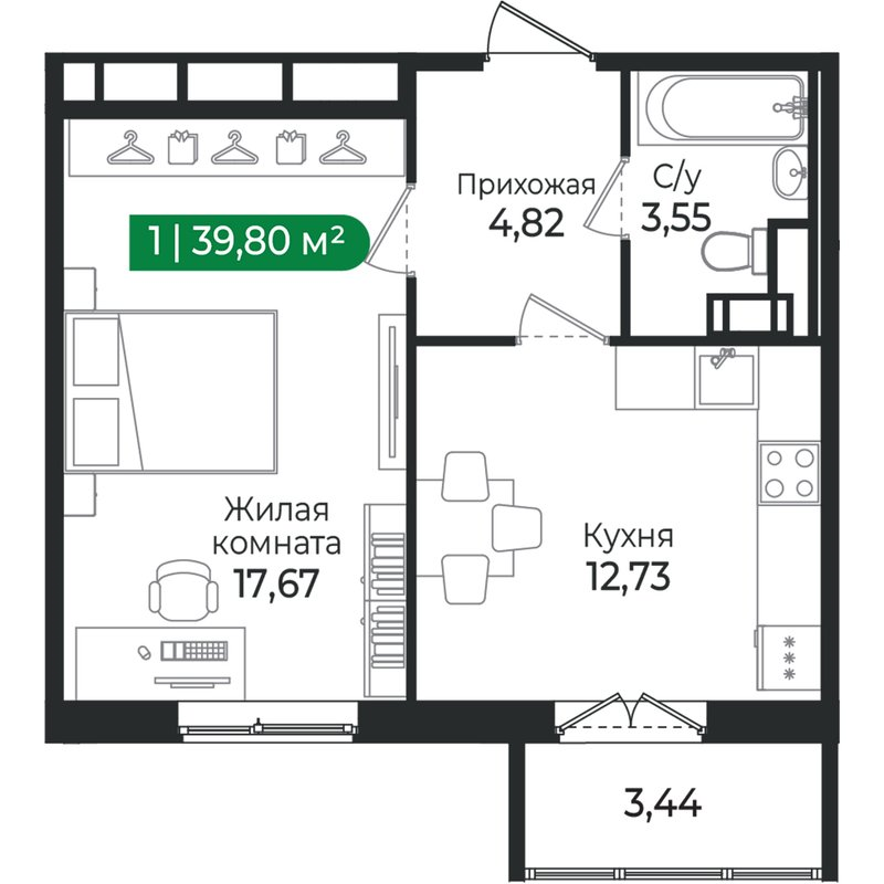 1 ккв 39,8 м²
