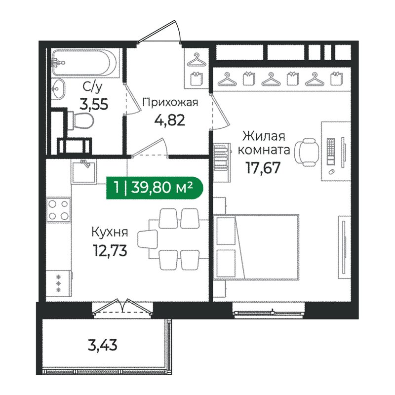 1 ккв 39,8 м²