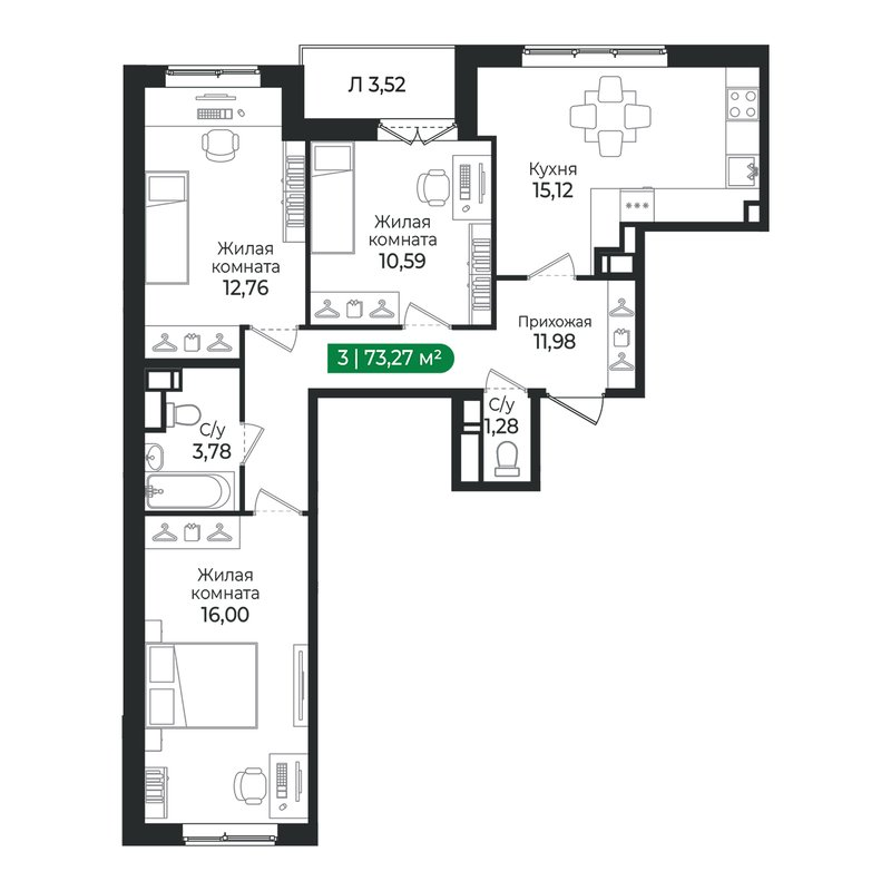 4 ккв (Евро) 73,3 м²
