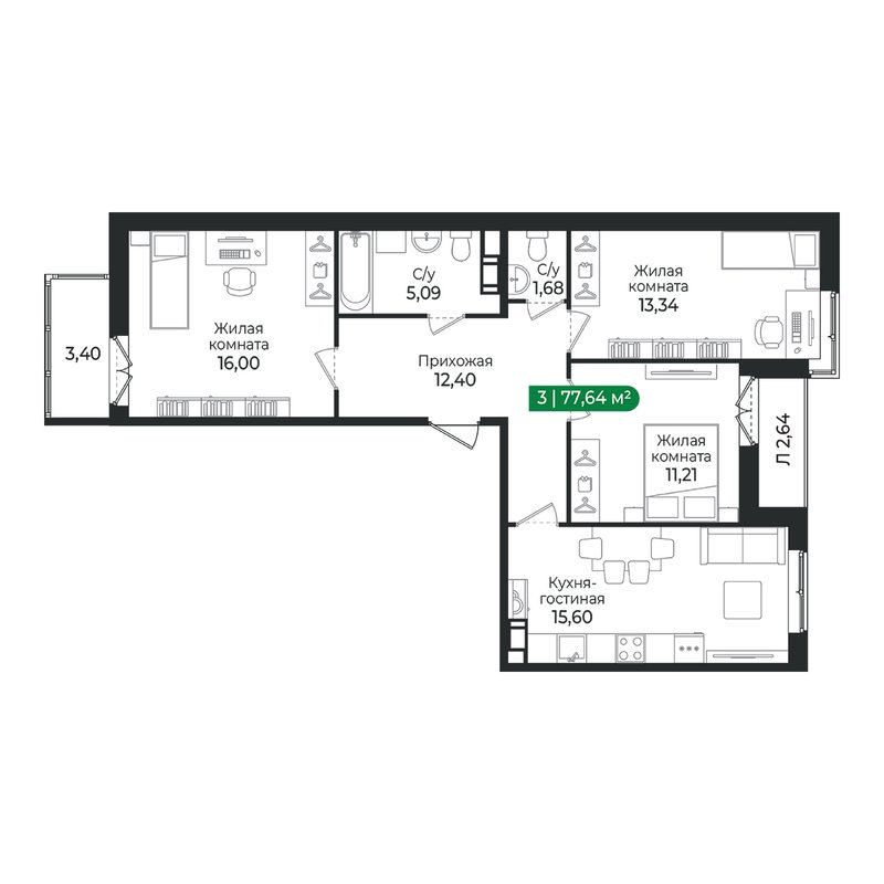 4 ккв (Евро) 77,6 м²