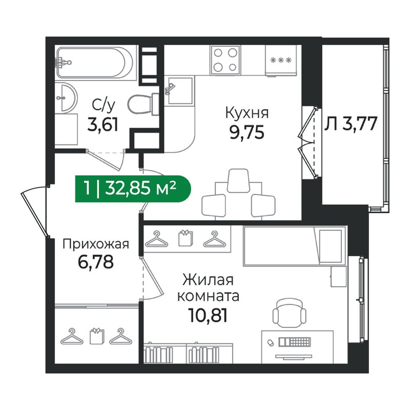 1 ккв 32,9 м²
