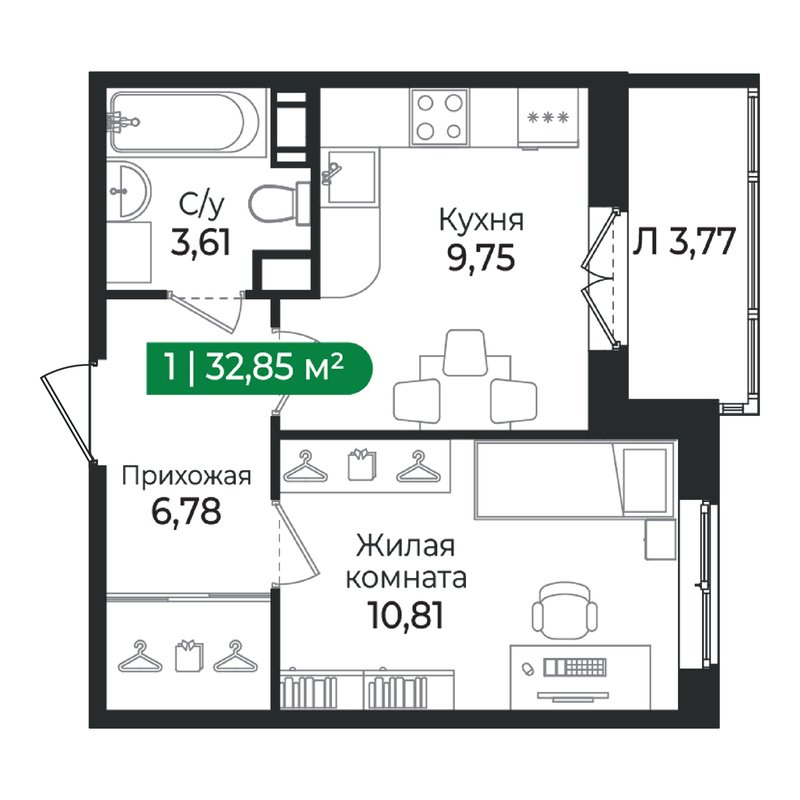 1 ккв 32,9 м²