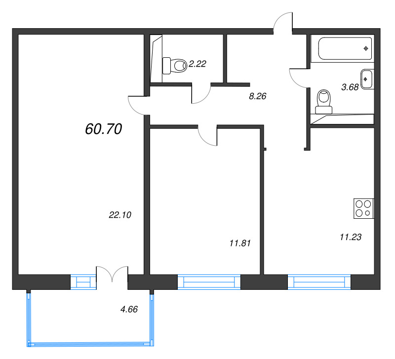 2 ккв 60,7 м²