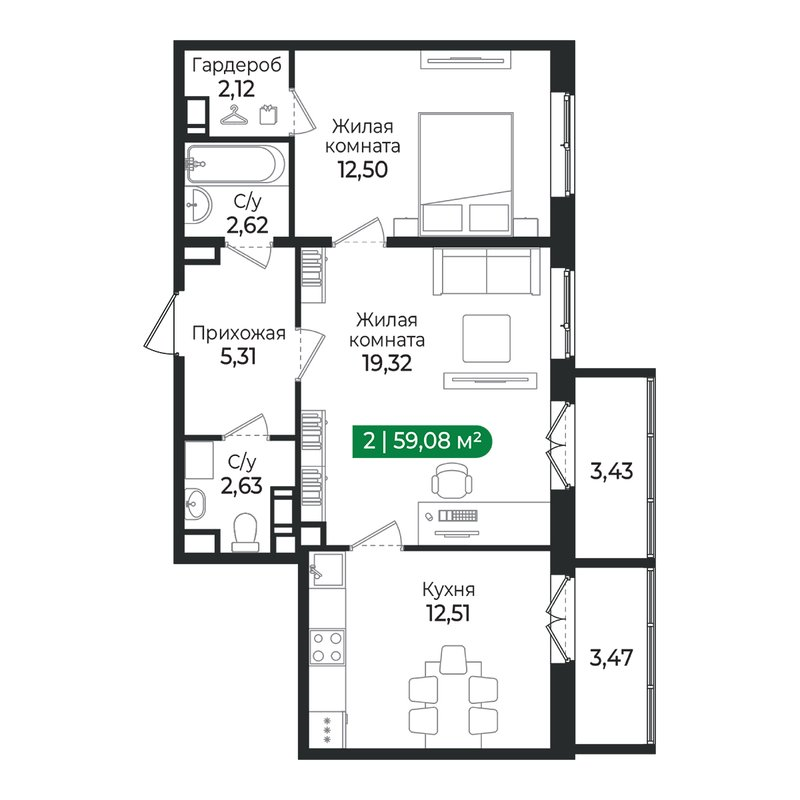 2 ккв 59,1 м²