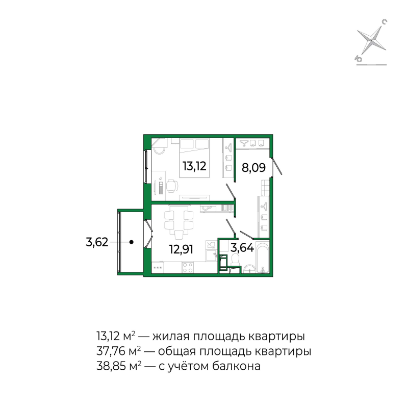 1 ккв 37,7 м²