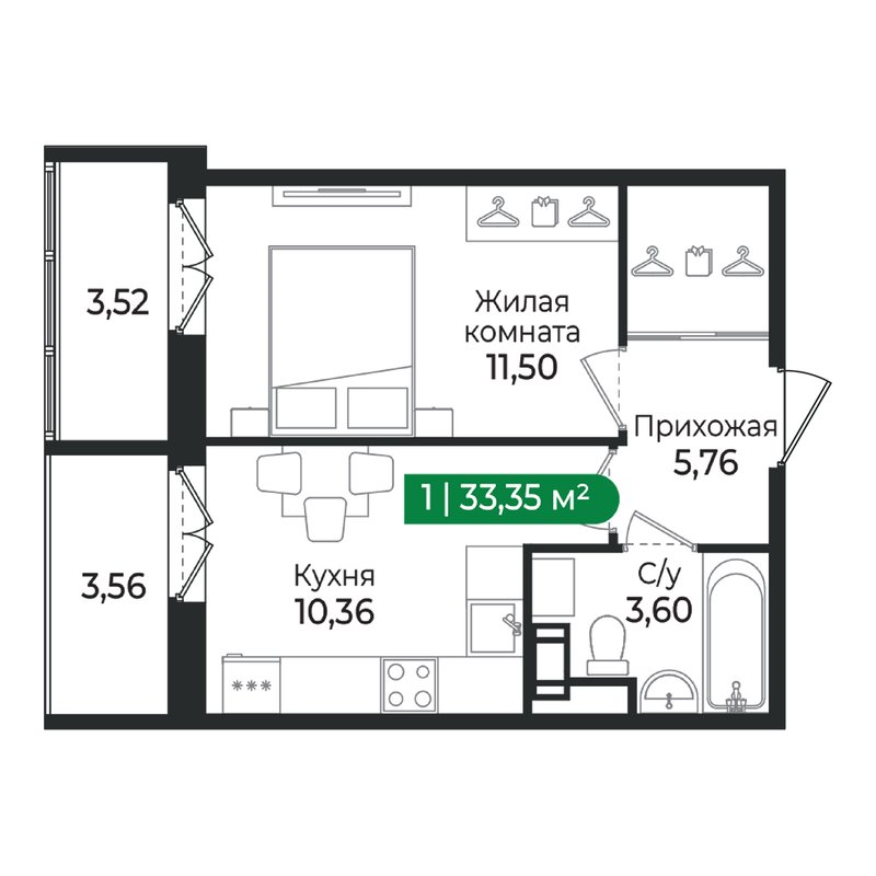 1 ккв 33,4 м²