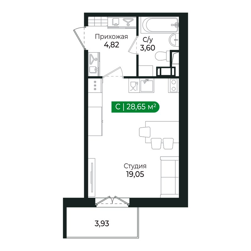 Студия 27,3 м²