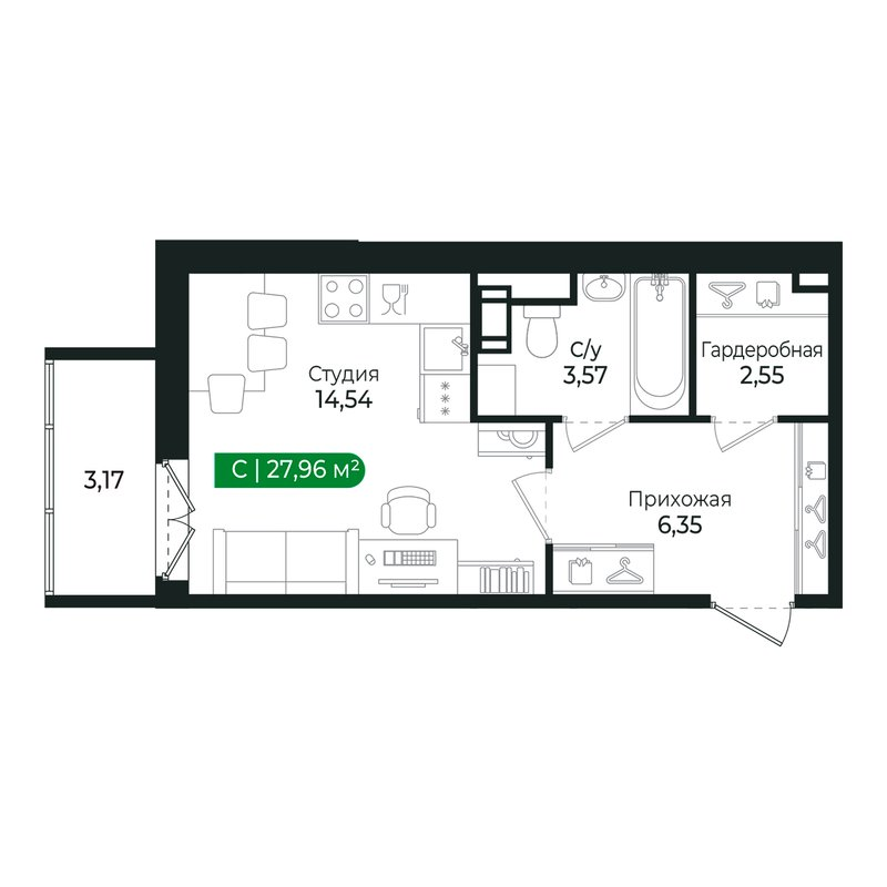 Студия 26,8 м²
