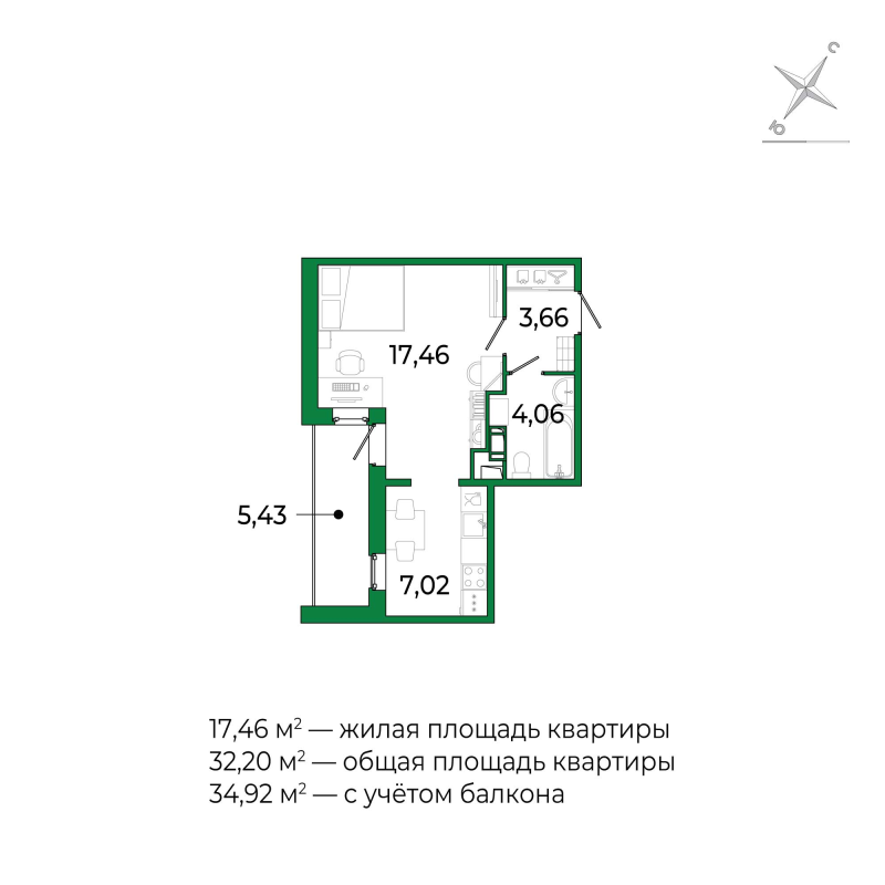 Студия 31,8 м²