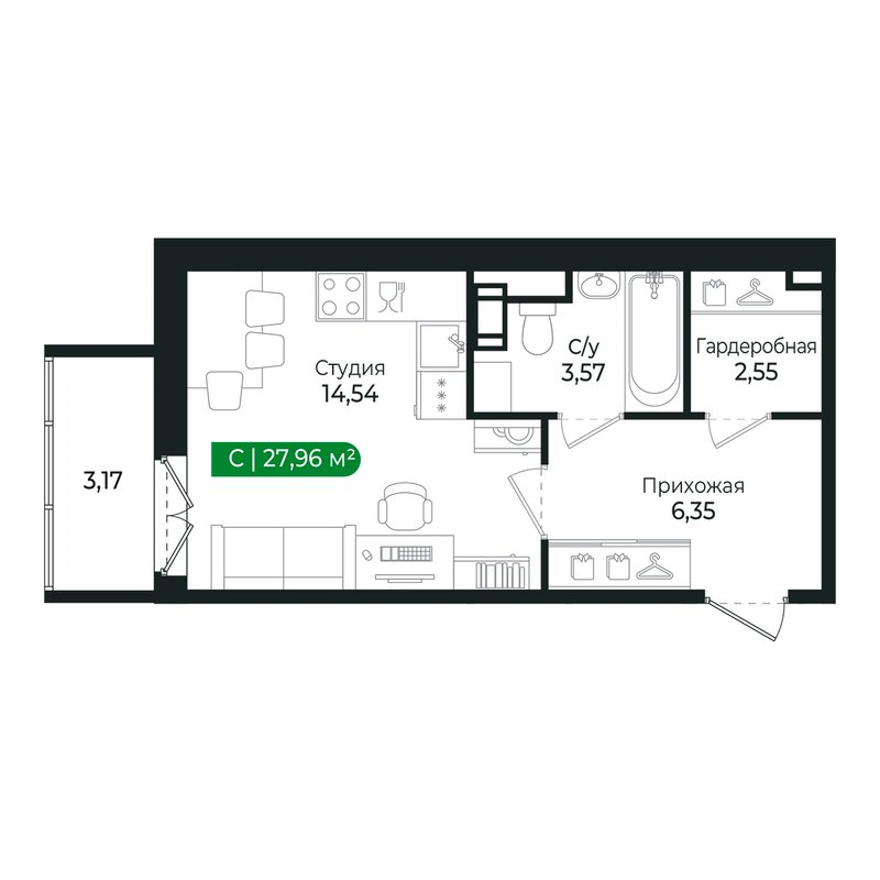 Студия 26,8 м²
