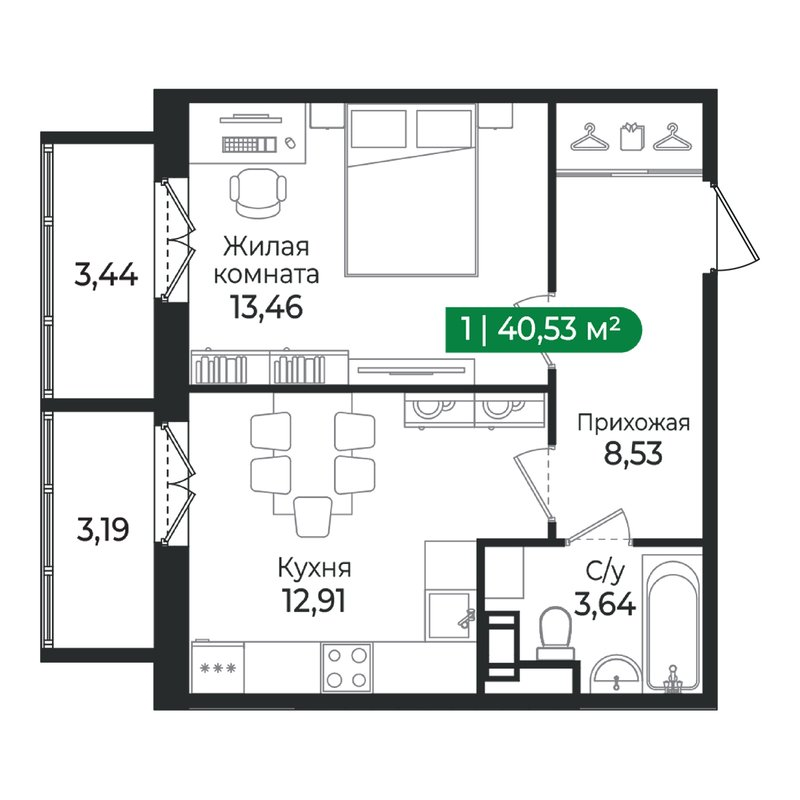 1 ккв 40,5 м²