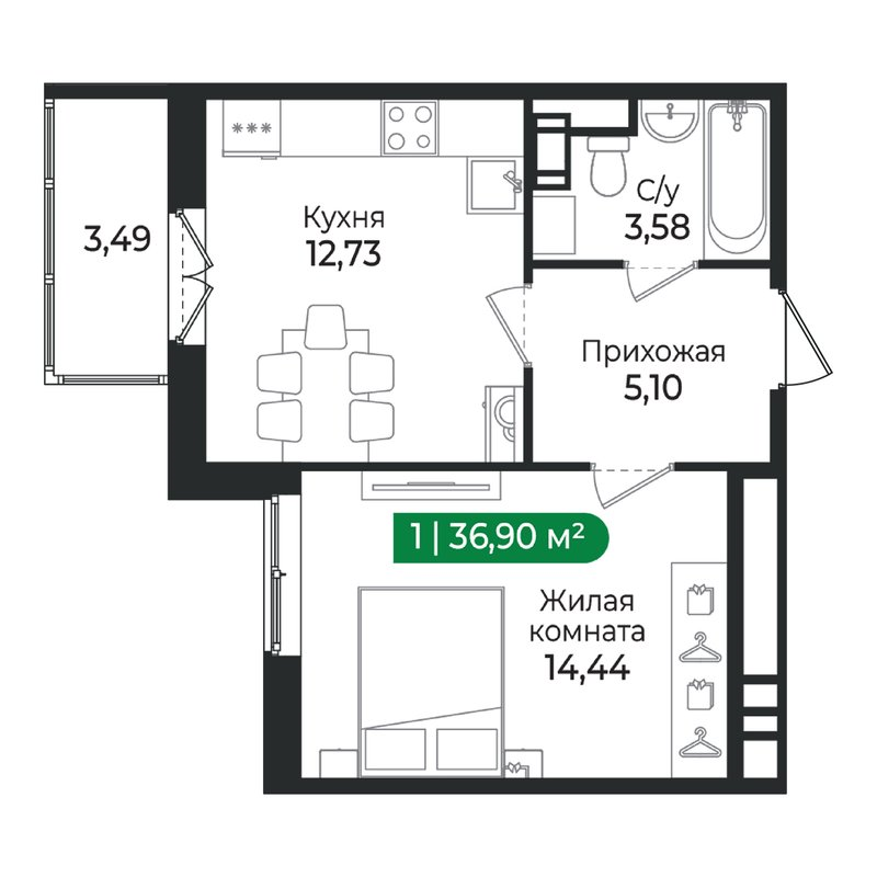 1 ккв 36,9 м²