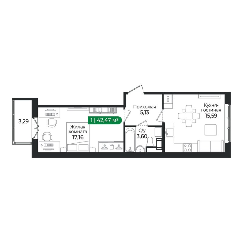 2 ккв (Евро) 42,5 м²