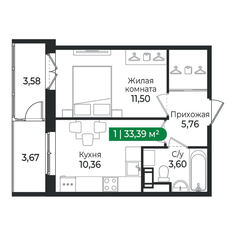 1 ккв 33,4 м²