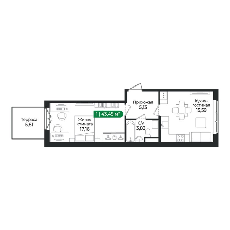 2 ккв (Евро) 43,5 м²