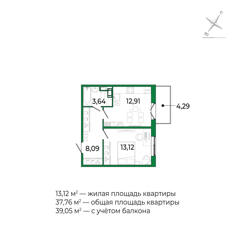 1 ккв 37,6 м²