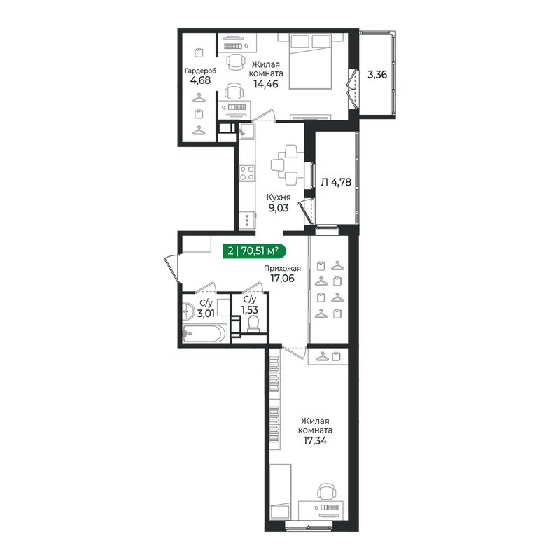 2 ккв 70,5 м²