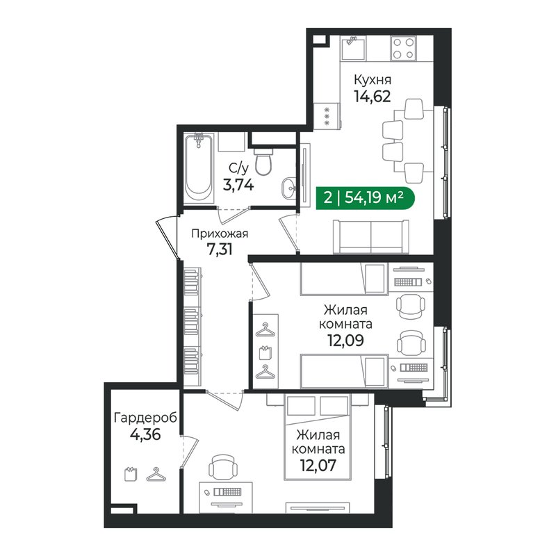 2 ккв 54,2 м²