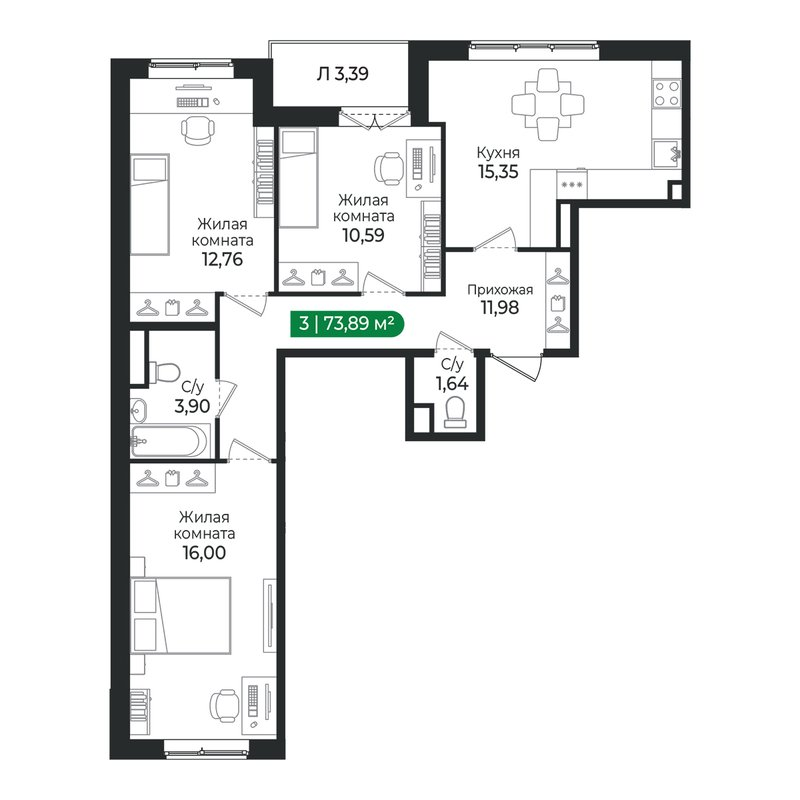 4 ккв (Евро) 73,9 м²