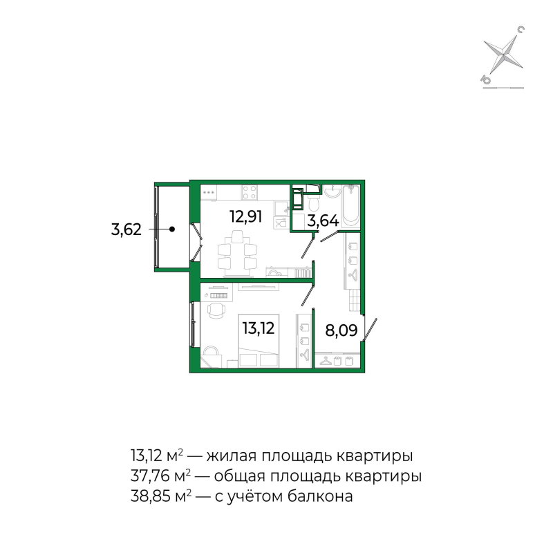 1 ккв 37,5 м²