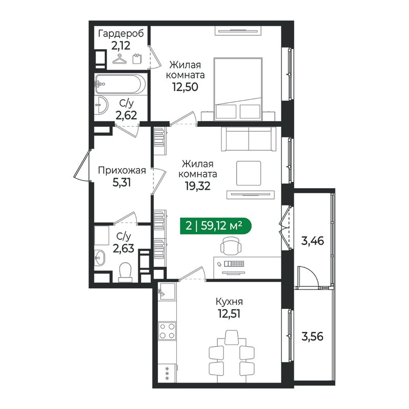 2 ккв 59,1 м²