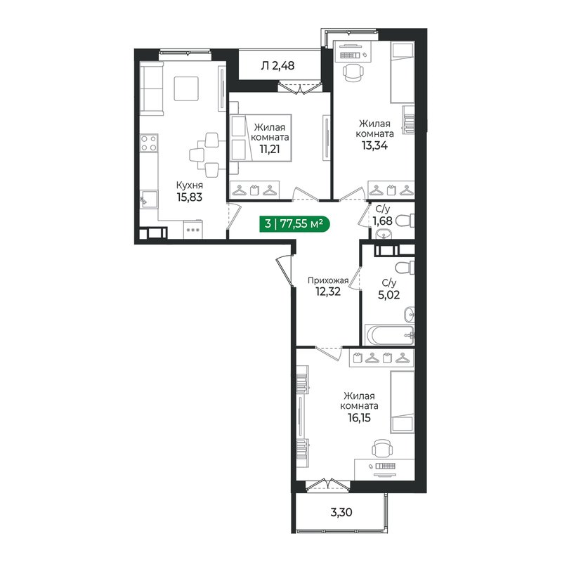 4 ккв (Евро) 77,6 м²