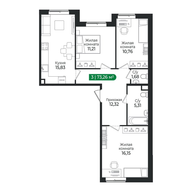 4 ккв (Евро) 74,6 м²