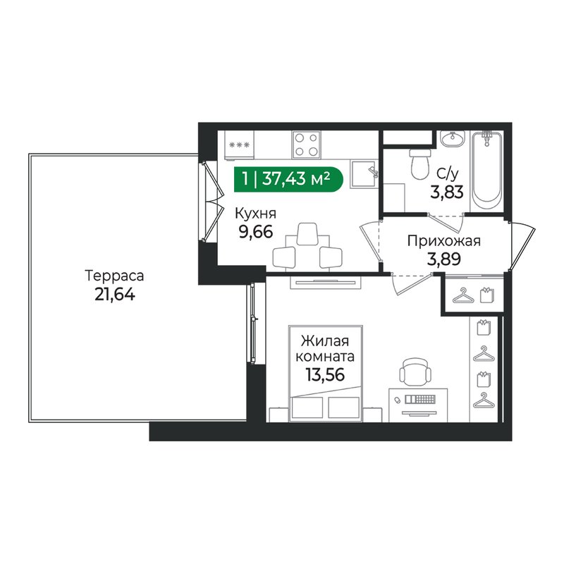 1 ккв 37,4 м²