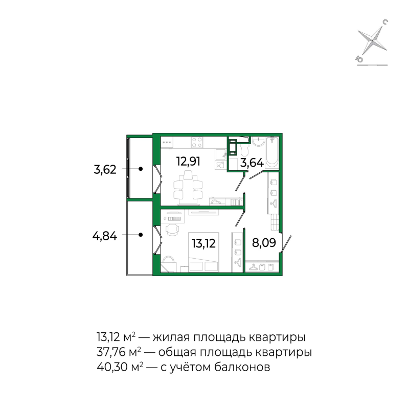 1 ккв 37,5 м²