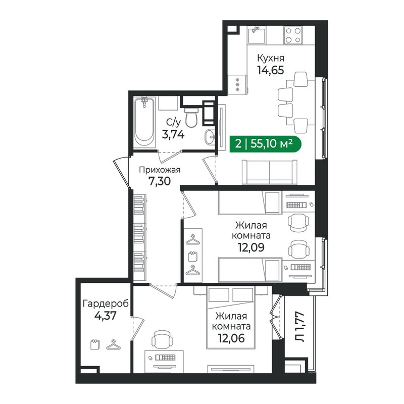 2 ккв 55,1 м²