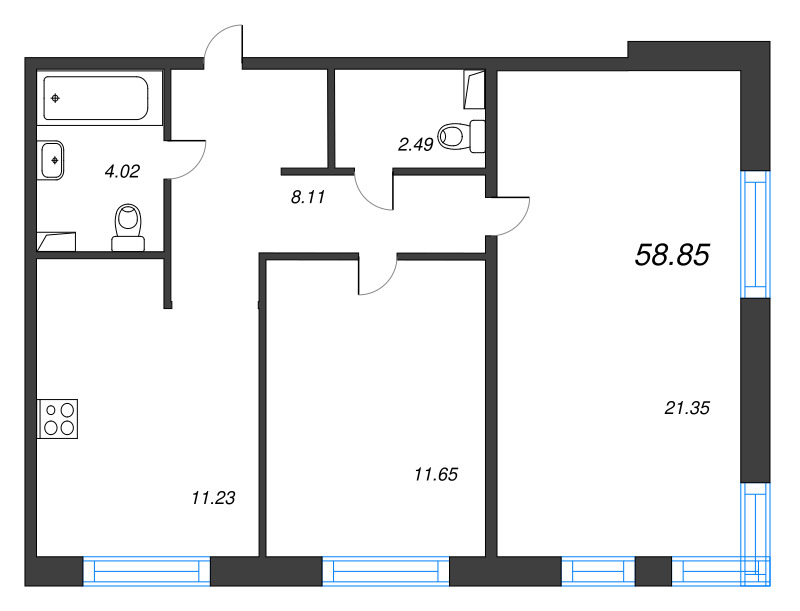 2 ккв 58,9 м²