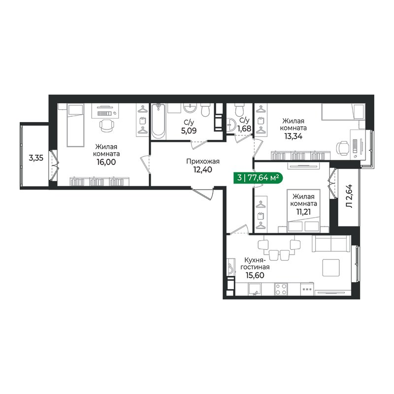 4 ккв (Евро) 77,6 м²