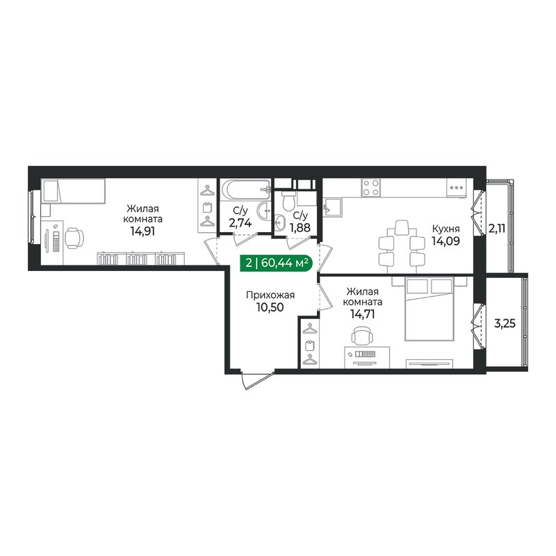 2 ккв 60,4 м²