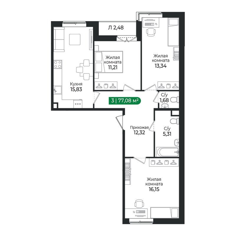 4 ккв (Евро) 77,1 м²