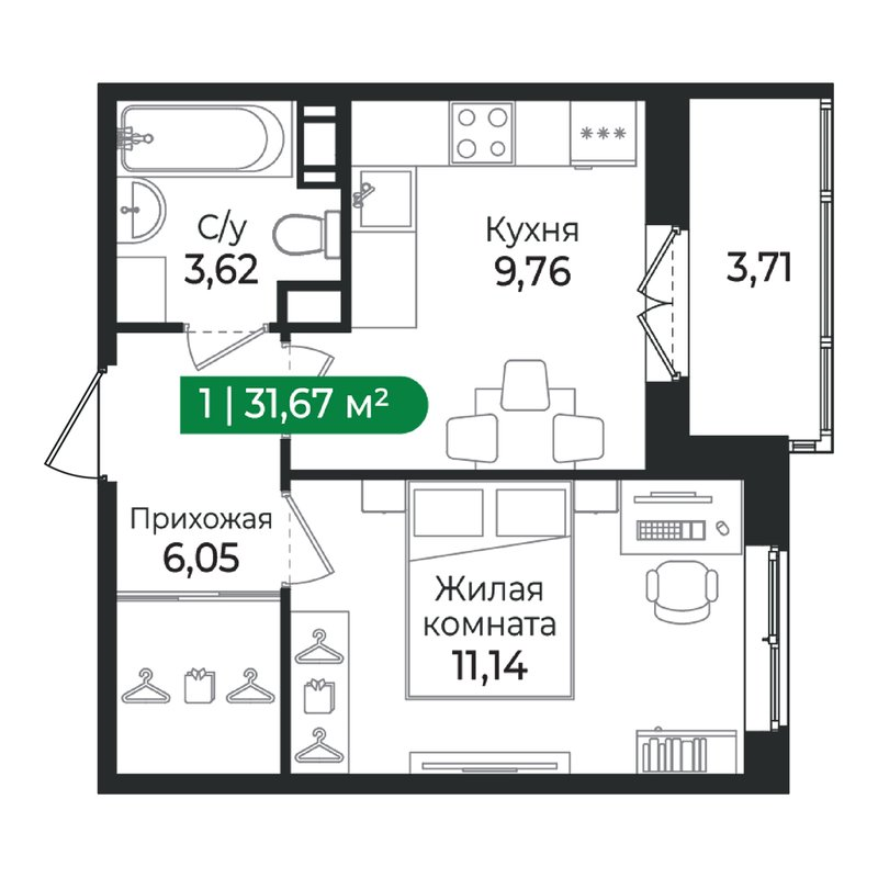 1 ккв 31,7 м²