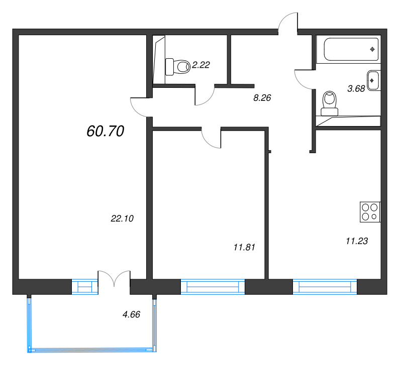 2 ккв 60,7 м²