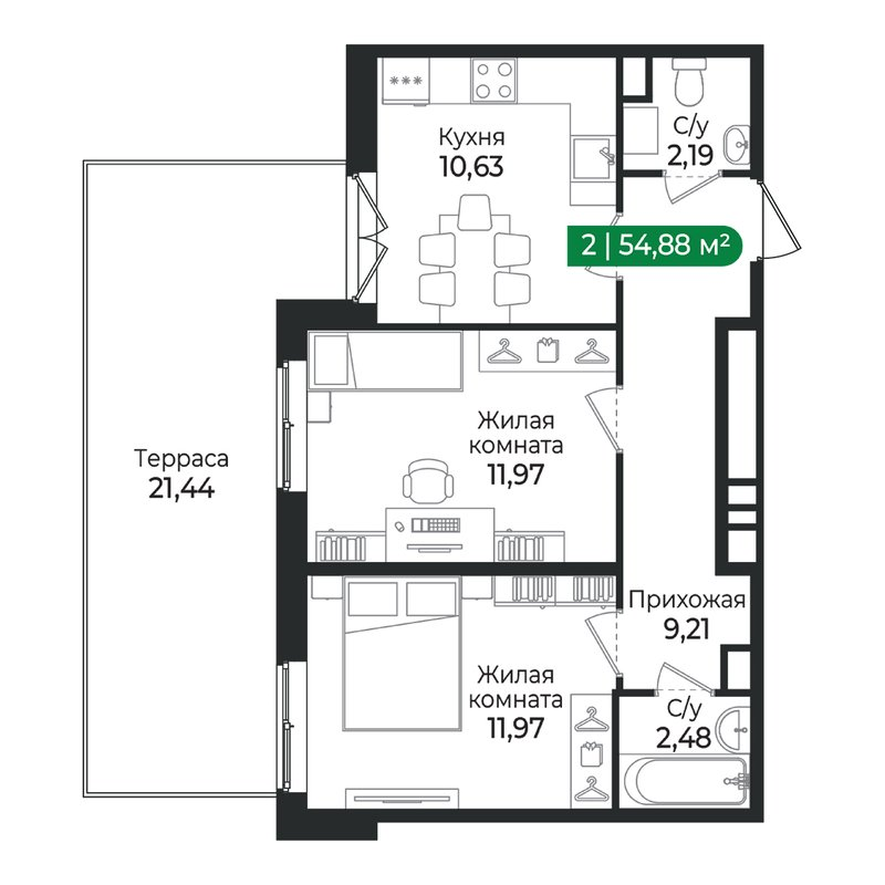 2 ккв 54,9 м²