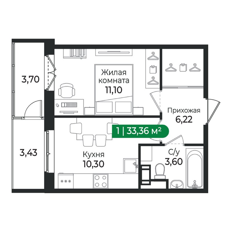 1 ккв 33,4 м²