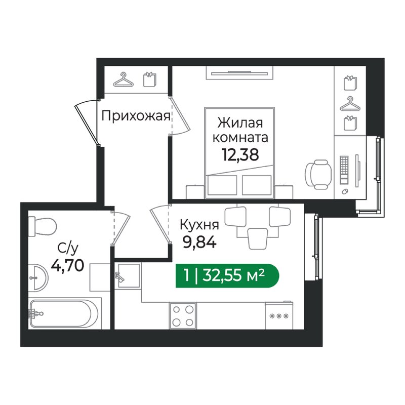 1 ккв 32,6 м²