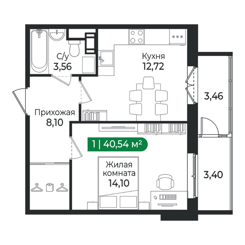 1 ккв 40,5 м²