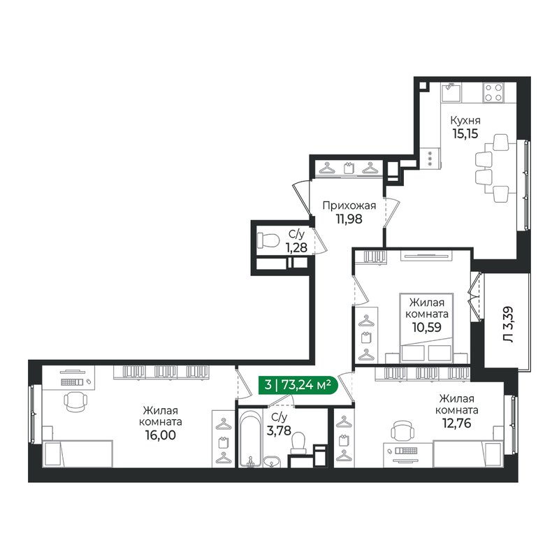 4 ккв (Евро) 73,2 м²