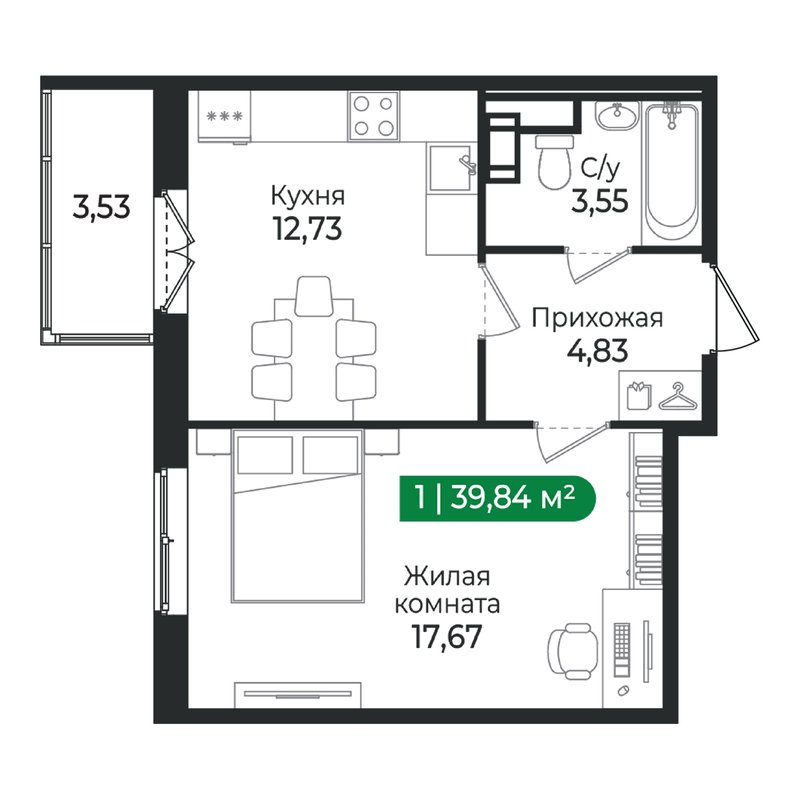 1 ккв 39,8 м²